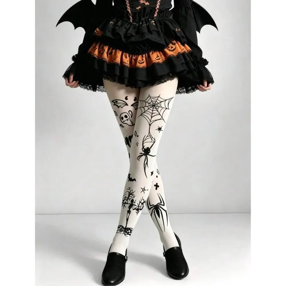 NWT Black & White Halloween Gothic Bat Ghost Spiderweb Spider Skeleton Tights